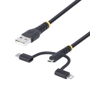 Rugged Multi-charger Cable - USB-a To Lightning/ USB-c/micro-b - Black - 1m