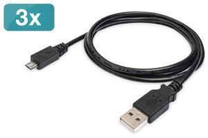 USB 2.0 data/charger cable set, USB A to micro B M/M, 1.0m, 3er Set, 3A, Version 2.0, black