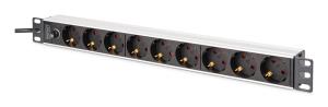 PDU - 1U Aluminum rackmount 8x CEE 7/7 outlet 1x outlet 10A Plug 250VAC 50/60Hz IEC C14 plug pre-fuse